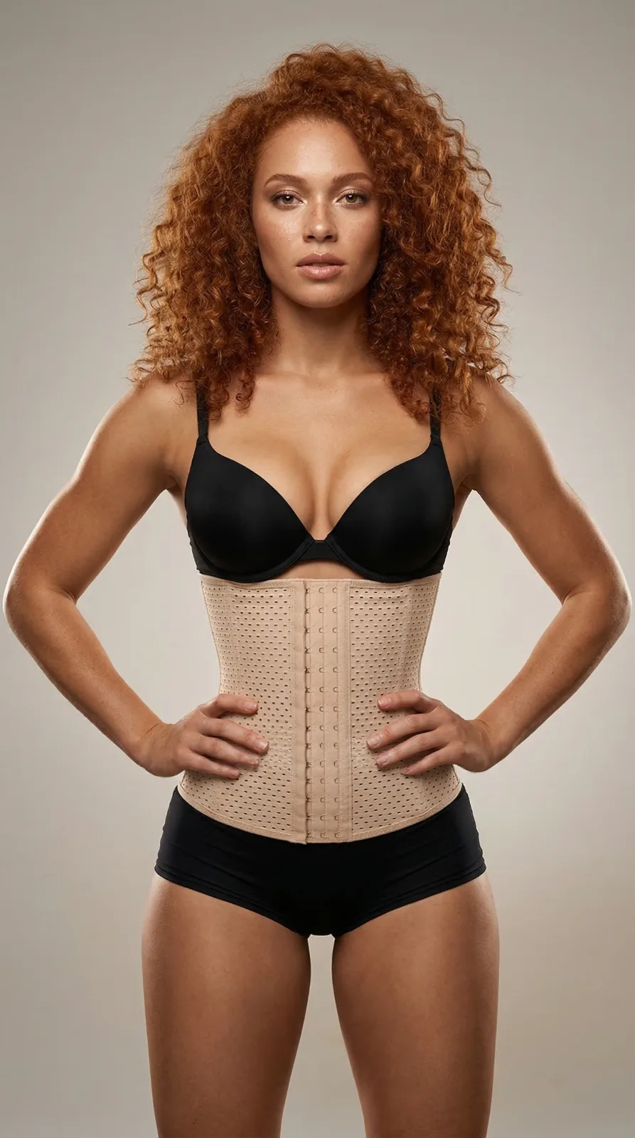 Modelo usando prenda moldeadora en tono beige